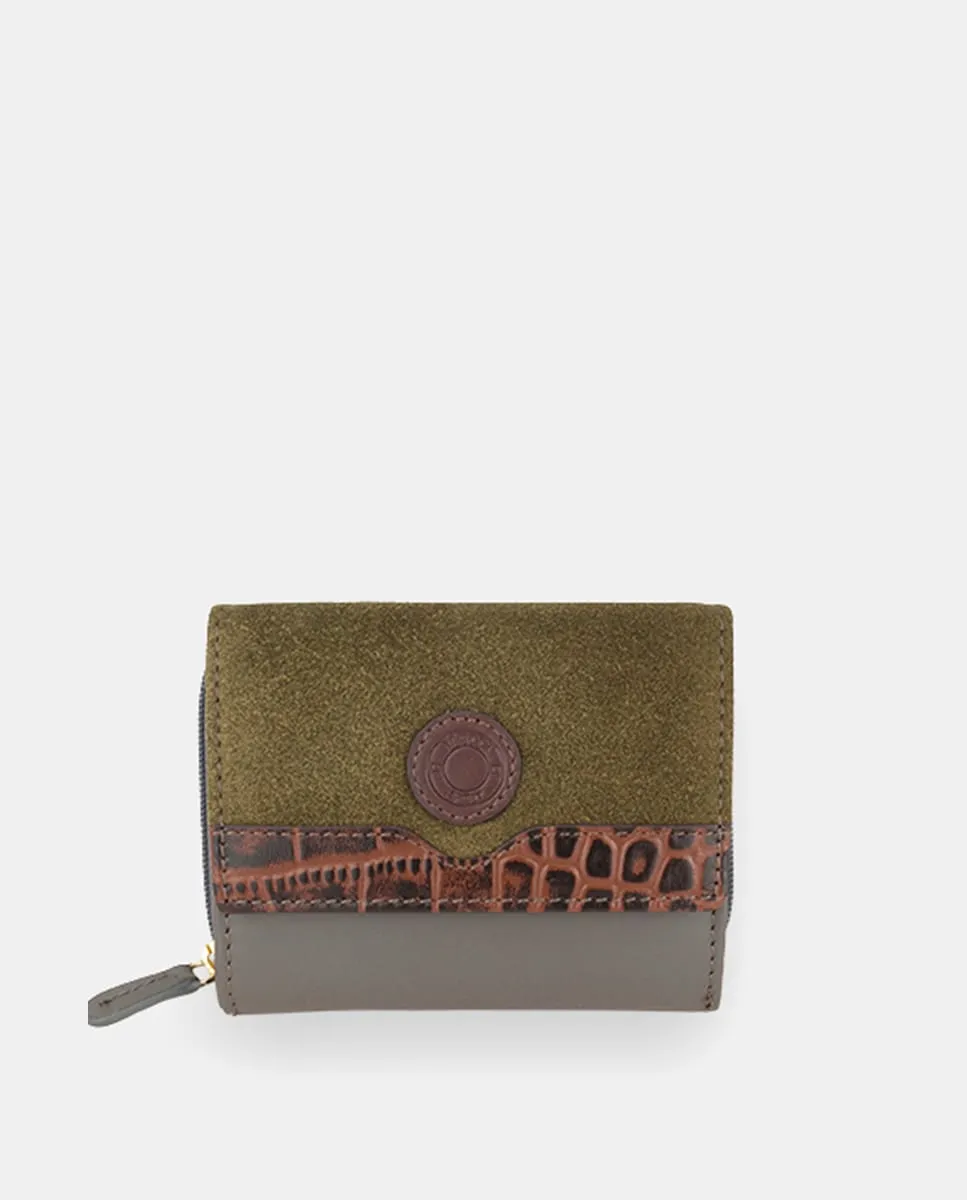 

Маленький женский кошелек YANCCI, из красной кожи с комбинацией замши того же цвета и коричневой тесьмой из крокодиловой кожи на конце клапана Yancci