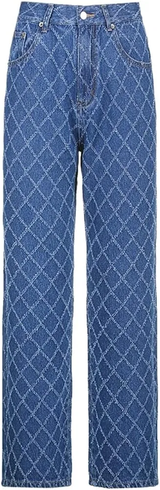 Джинсы прямые с высокой талией, клетчатые, Casual, синие