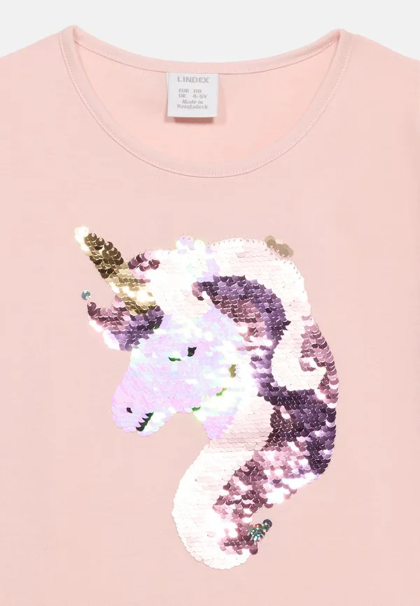 Футболка с принтом единорога и блестками Lindex, Light Dusty Pink — фото 3