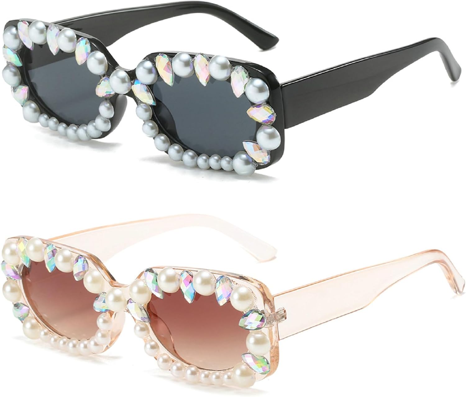 

Ретро-солнцезащитные очки с кристаллами и жемчугом для женщин, модные прямоугольные солнцезащитные очки со стразами, квадратные солнцезащитные очки с бриллиантами для вечеринки mincl, 2pcs-black&brown