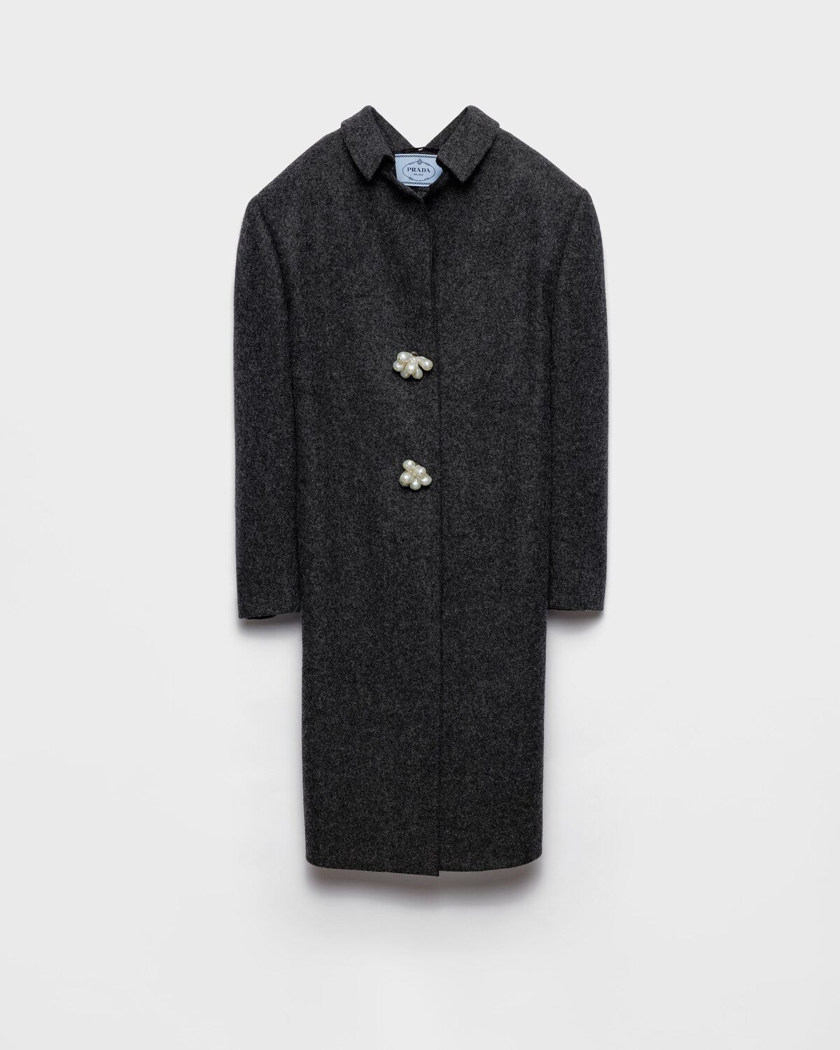 

Пальто из шетландской шерсти с драгоценными пуговицами Prada, грифельно-серый