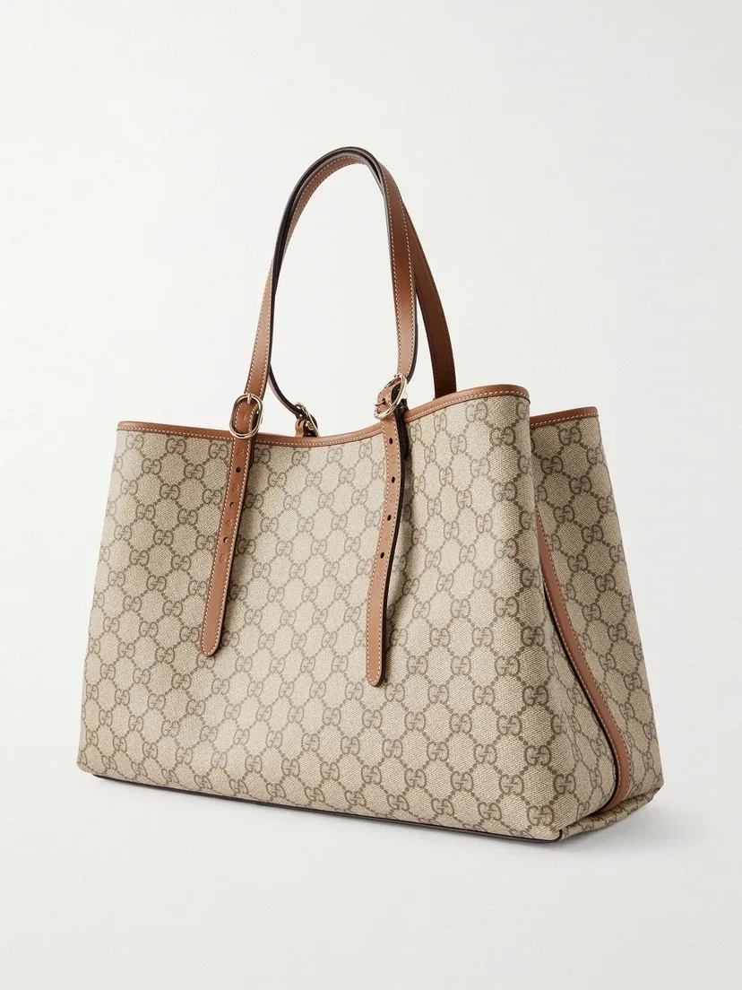 Сумка-тоут из принтованного канваса с покрытием с кожаной отделкой и эмблемой GG GUCCI, бежевый — фото 4