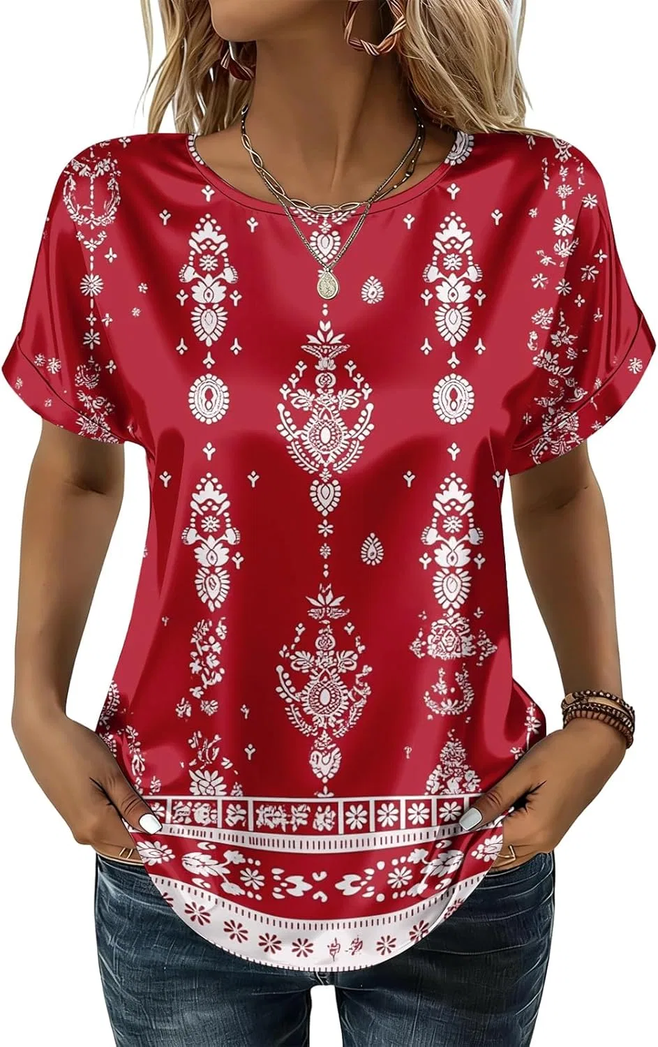 Женская блуза из атласа, короткий рукав, круглый вырез, 4-wine
