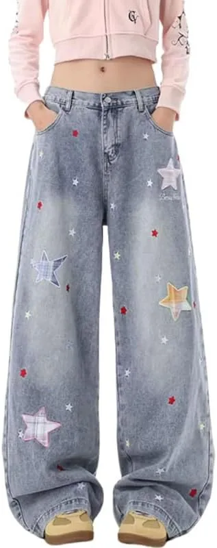 

Джинсы женские Baggy High Waist с пачворком и звездами Chmnigma
