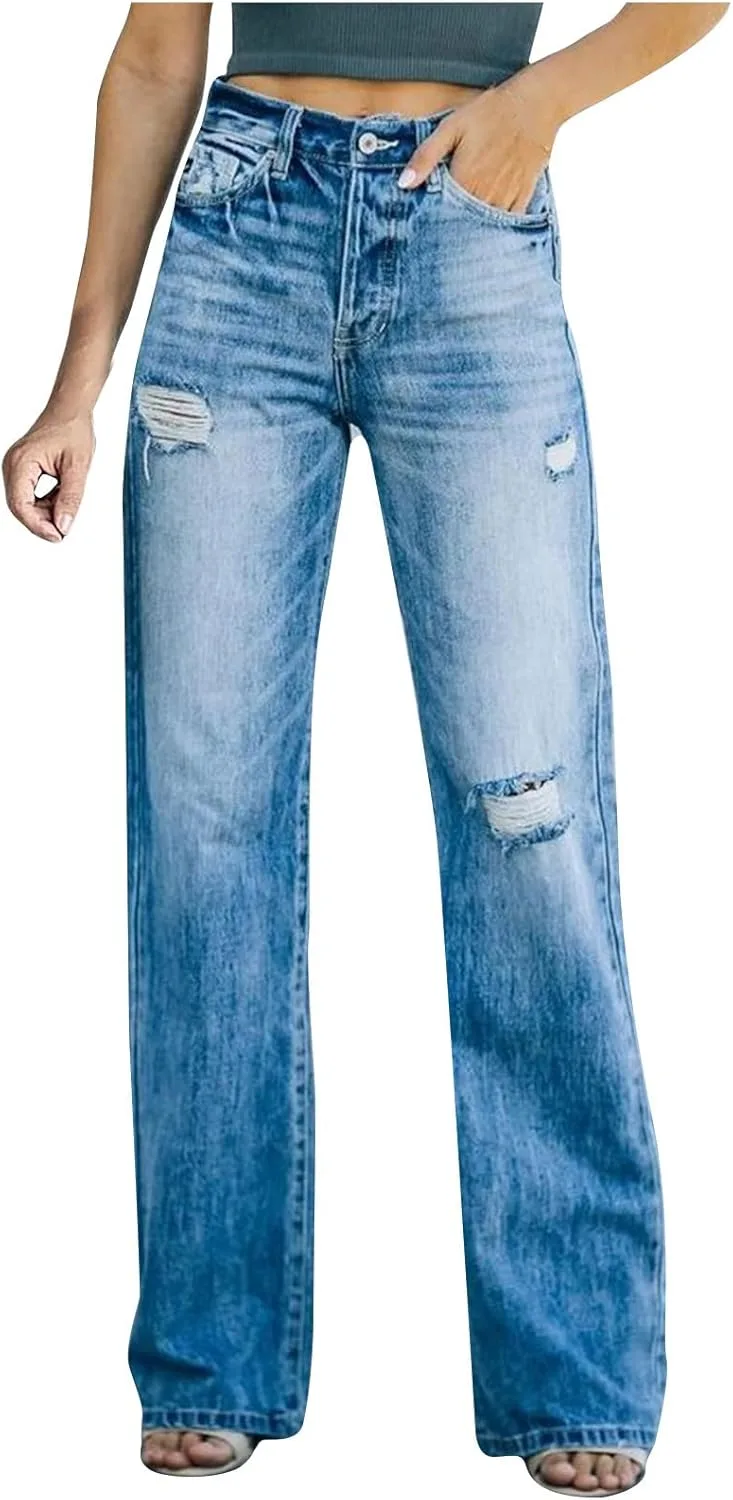 

Женские рваные джинсы High Waist Relaxed Fit с потертостями Ozmmyan