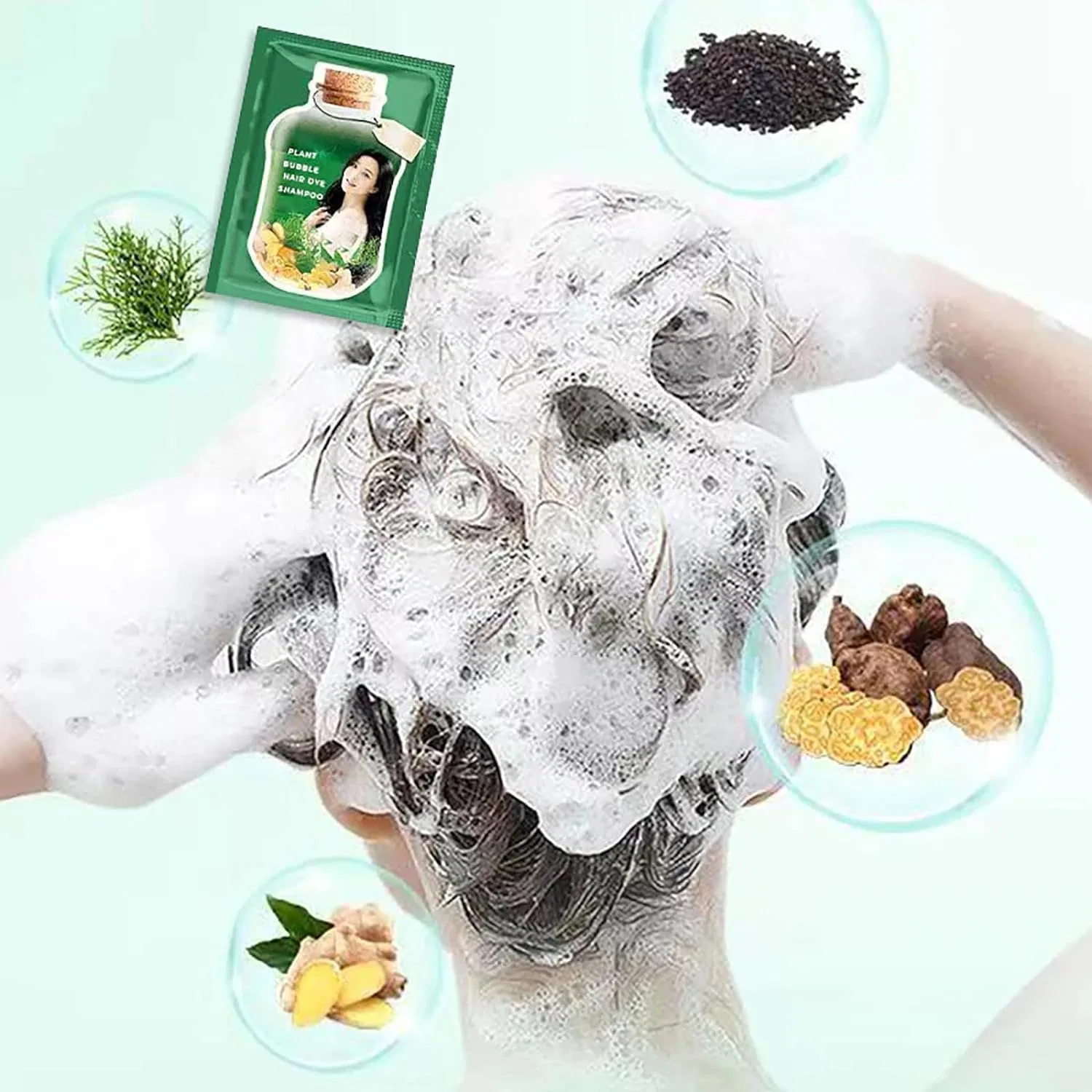 Растительный шампунь-краска для волос «Plant Bubble Hair Dye Shampoo» Fafour, Black/Brown — фото 3