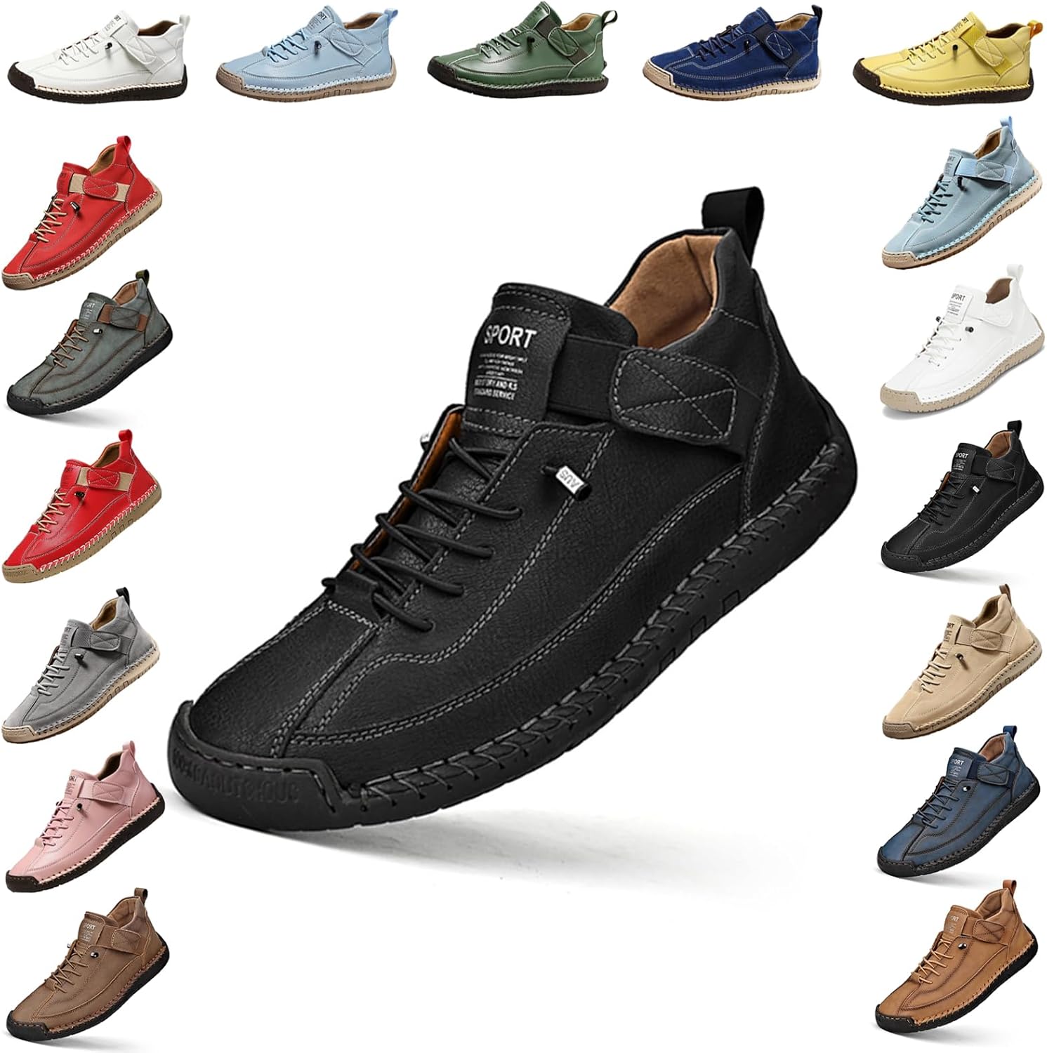 

YTINGNICE Унисекс ортопедические ботинки на щиколотку, ручная работа, кожа с липучкой, поддержка свода стопы, обувь для ходьбы без шнурков, черный