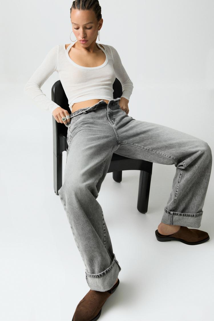 

Прямые мешковатые джинсы с отворотами Pull And Bear, серый