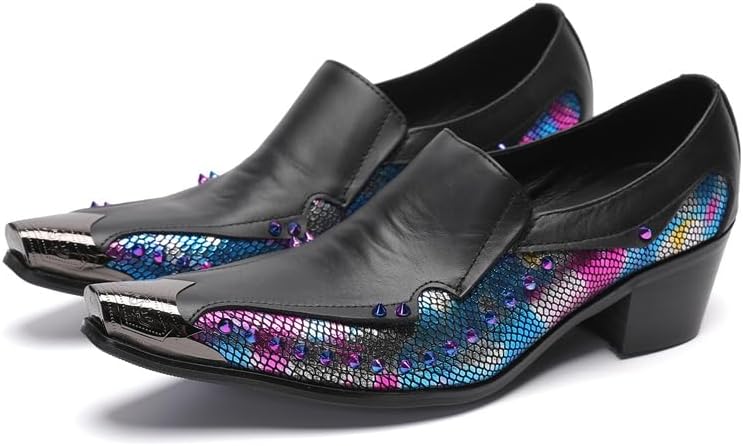 

Мужские классические туфли Dacnakby, кожаные лоферы без шнуровки с металлическим носком, заостренным носом с радужным принтом под змею, черный/синий