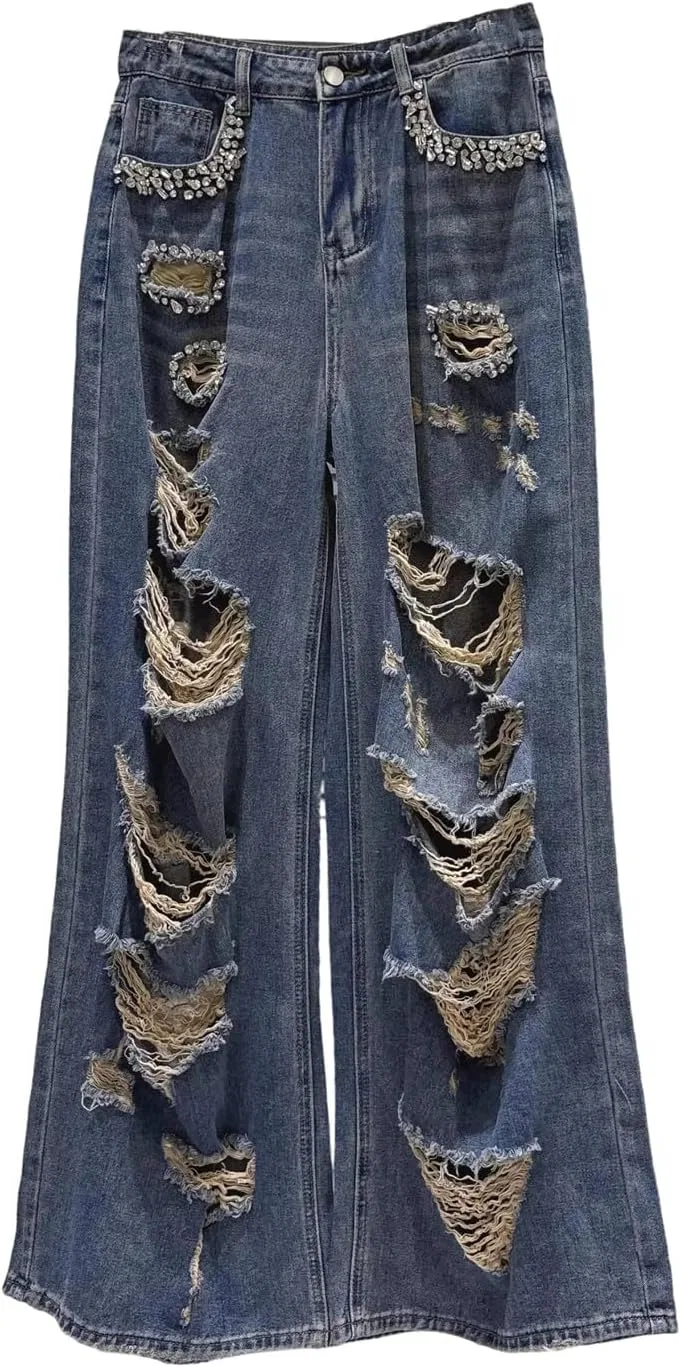 Джинсы с завышенной талией, потертые, Navy Blue