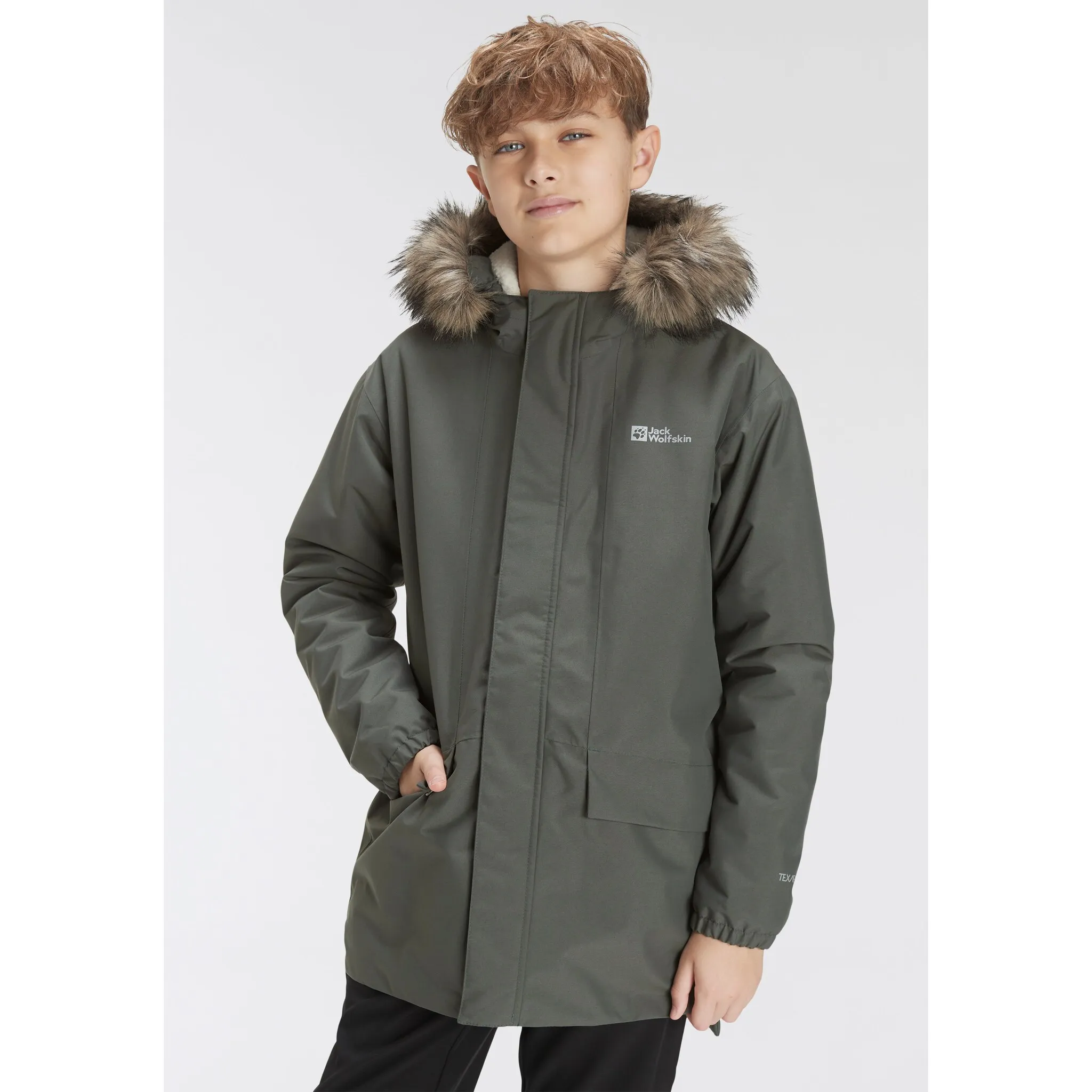 

Куртка Jack Wolfskin для отдыха на открытом воздухе «COSY BEAR JACKET K», с капюшоном, длинная, утепляющая детская парка классического дизайна, цвет slate green