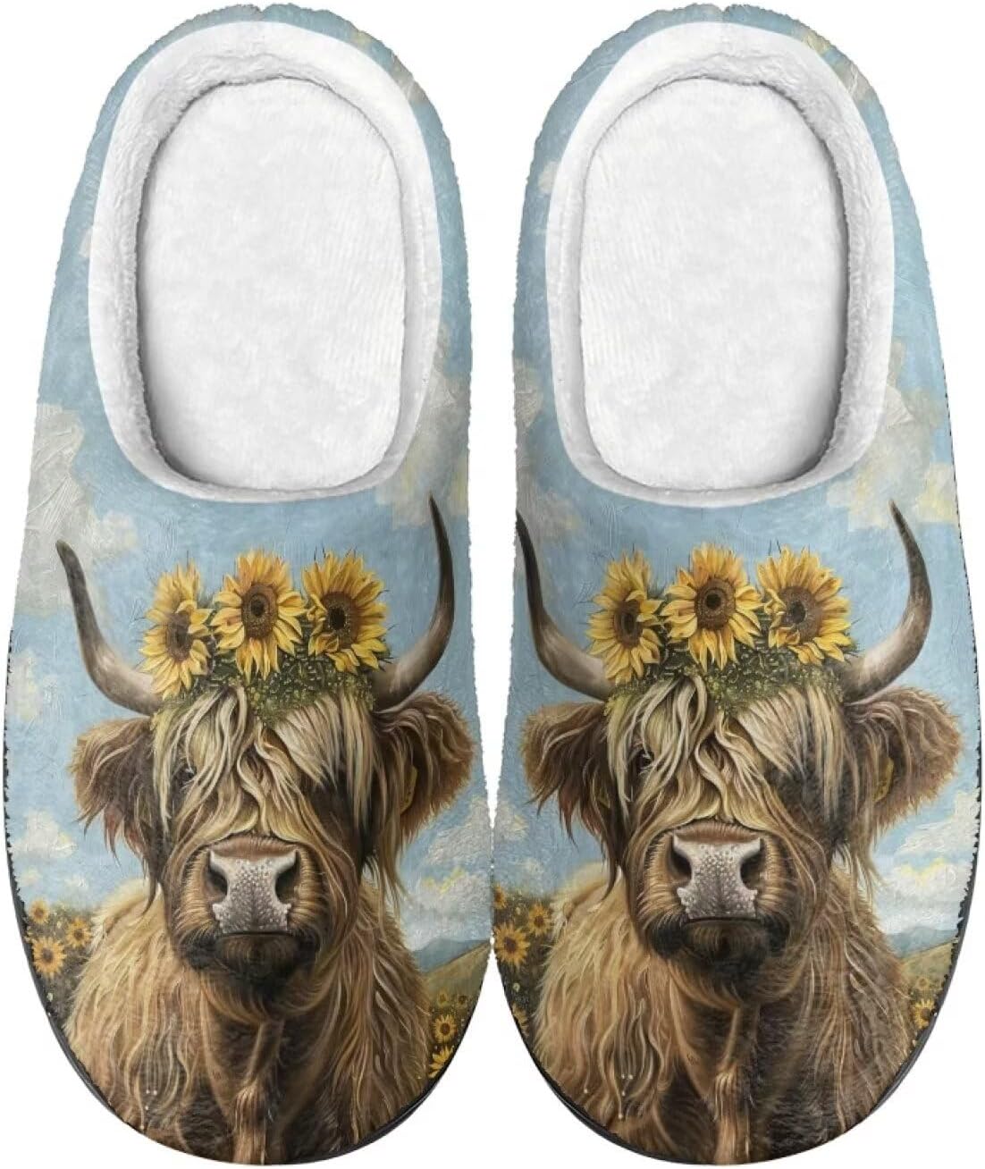 

Домашние тапочки Xpyiqun мягкие плюшевые теплые зимние тапочки для мужчин и женщин, размер 4-12, Highland Cow Sunflower