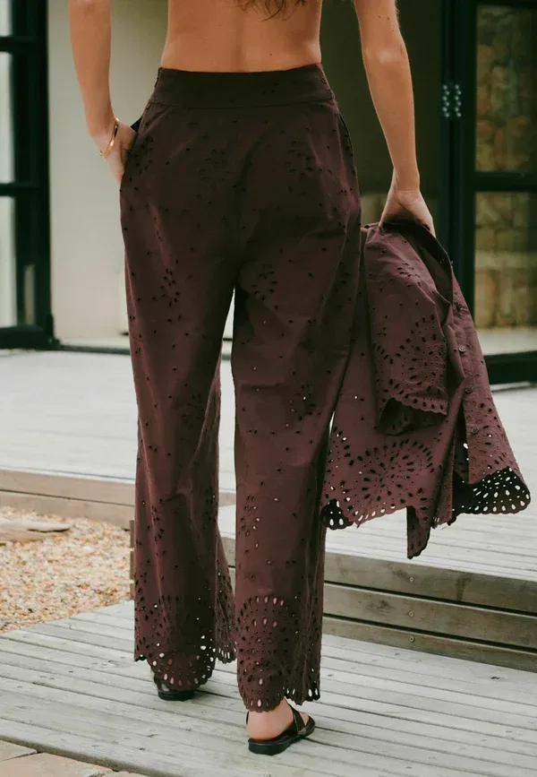 Брюки Next, Regular fit broderie crop wide leg trousers, шоколадно-коричневый