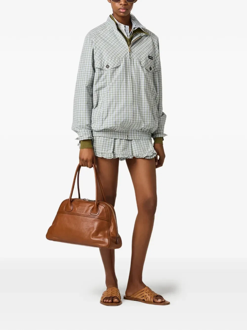 Укороченная куртка из технической ткани в клетку MIU MIU, белый — фото 2