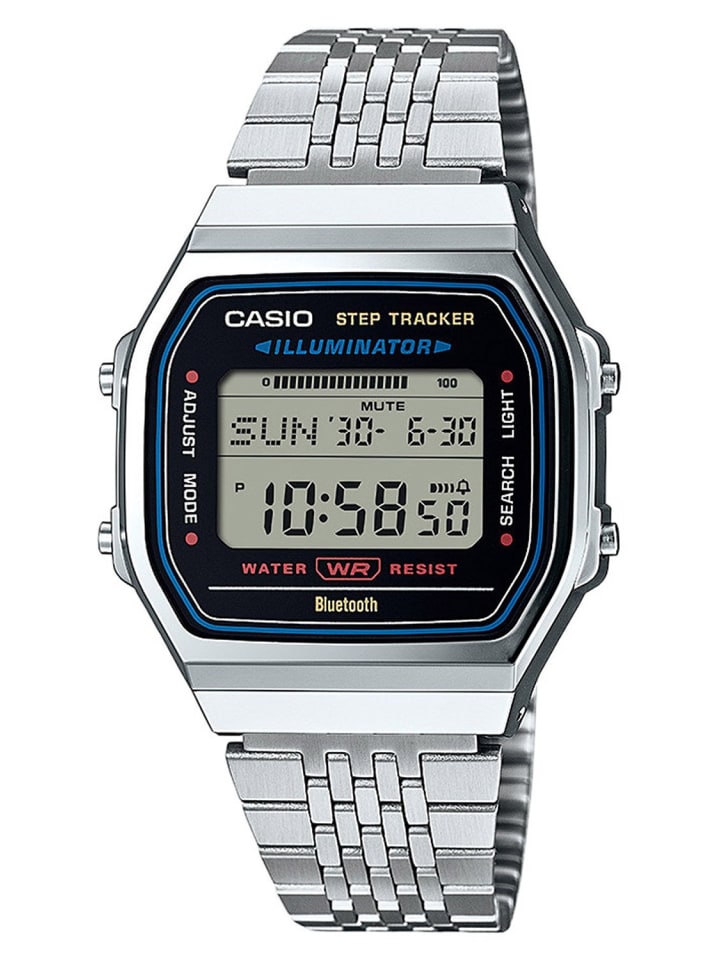 

Casio Винтажные культовые цифровые наручные часы с Bluetooth, цвет сталь, антрацит/серебро