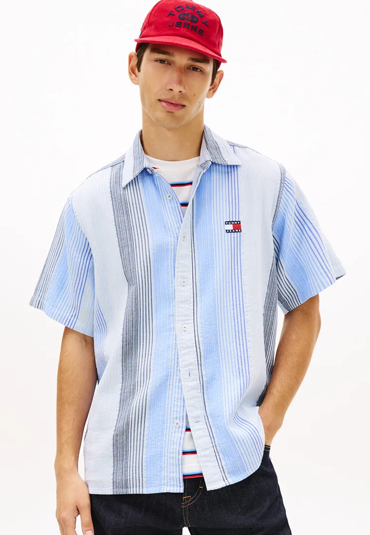 Рубашка с коротким рукавом, свободный крой, полоска, Tommy Jeans Tommy Hilfiger, синий