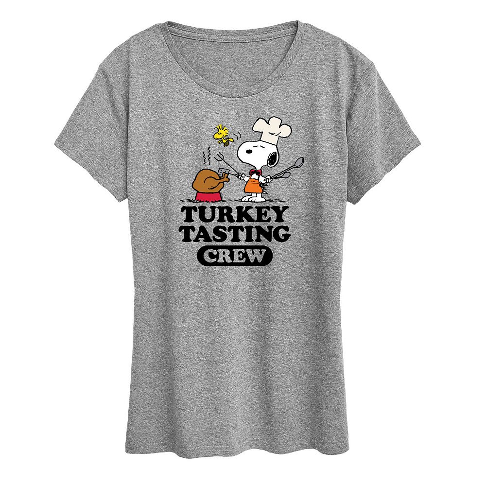 

Женская футболка с рисунком Peanuts Snoopy & Woodstock Turkey Tasting Crew Licensed Character, цвет Heather Gray