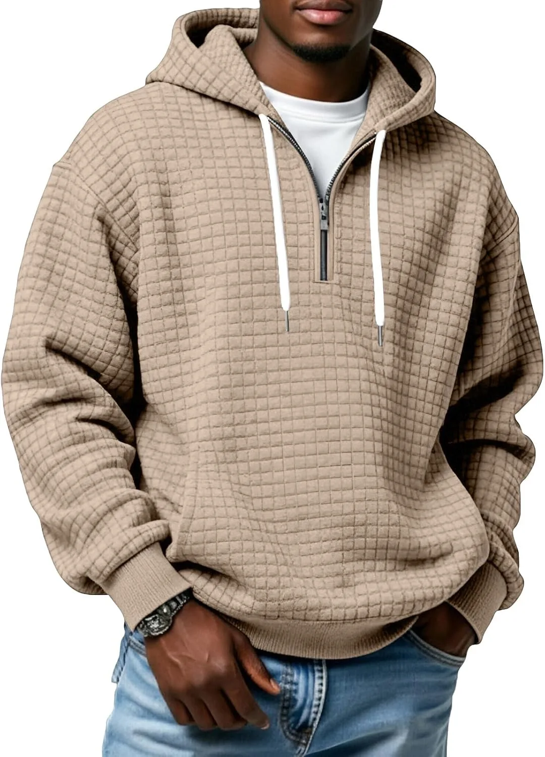 

Толстовка с капюшоном Quarter Zip Pullover Men Waffle Plus Size Oversized, с карманами