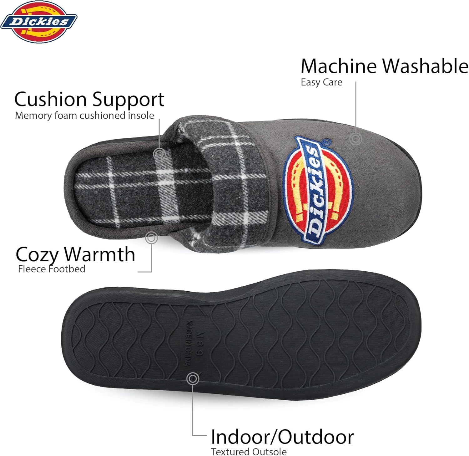Мужские тапочки Dickies с амортизирующей стелькой с эффектом памяти и вышитым логотипом - подошва для дома и улицы, серый — фото 3