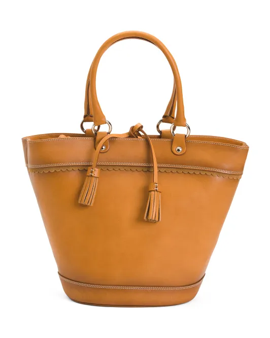 

Кожаная сумка-портфель «Тюльпан» с тремя отделениями и кисточками, сделано в Италии Cavalcanti, цвет Cuoio