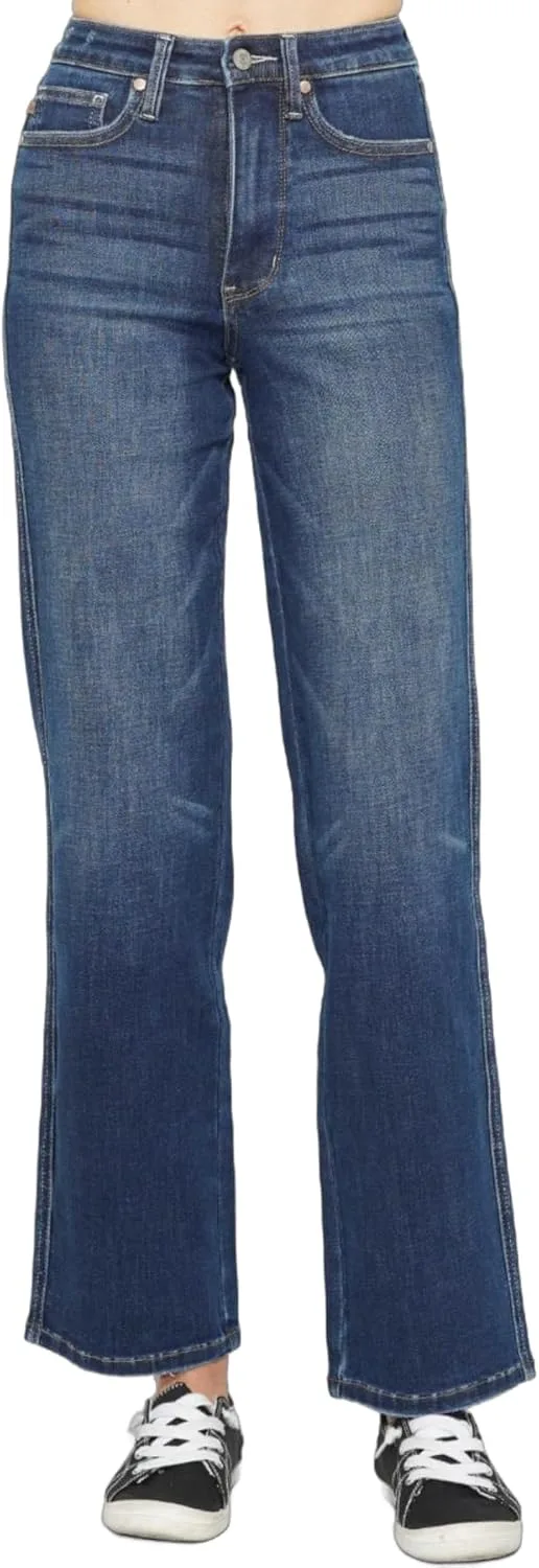 

Judy-B женские джинсы casual винтажные прямые с высокой посадкой и эффектом контроля живота, потертые темно-синие Yanhoo