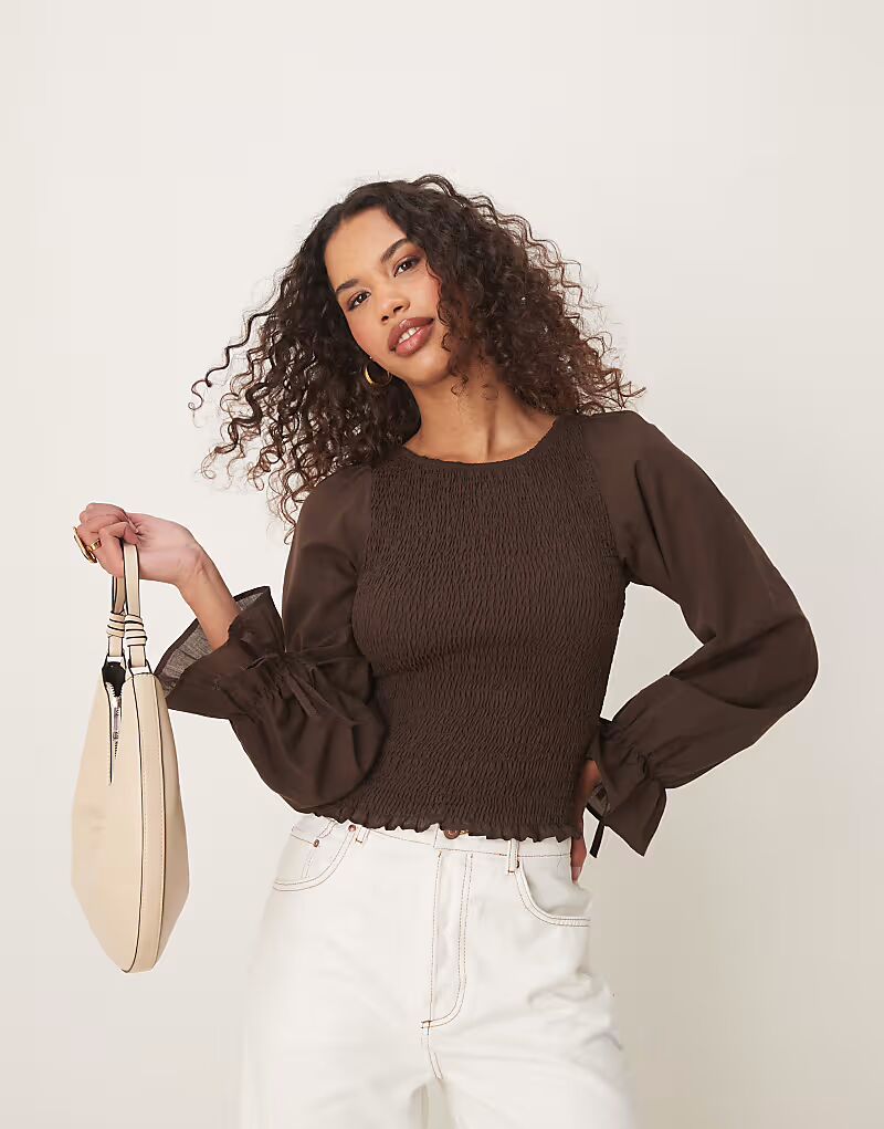 

Хлопковая блузка с присборенной юбкой ASOS DESIGN шоколадного цвета