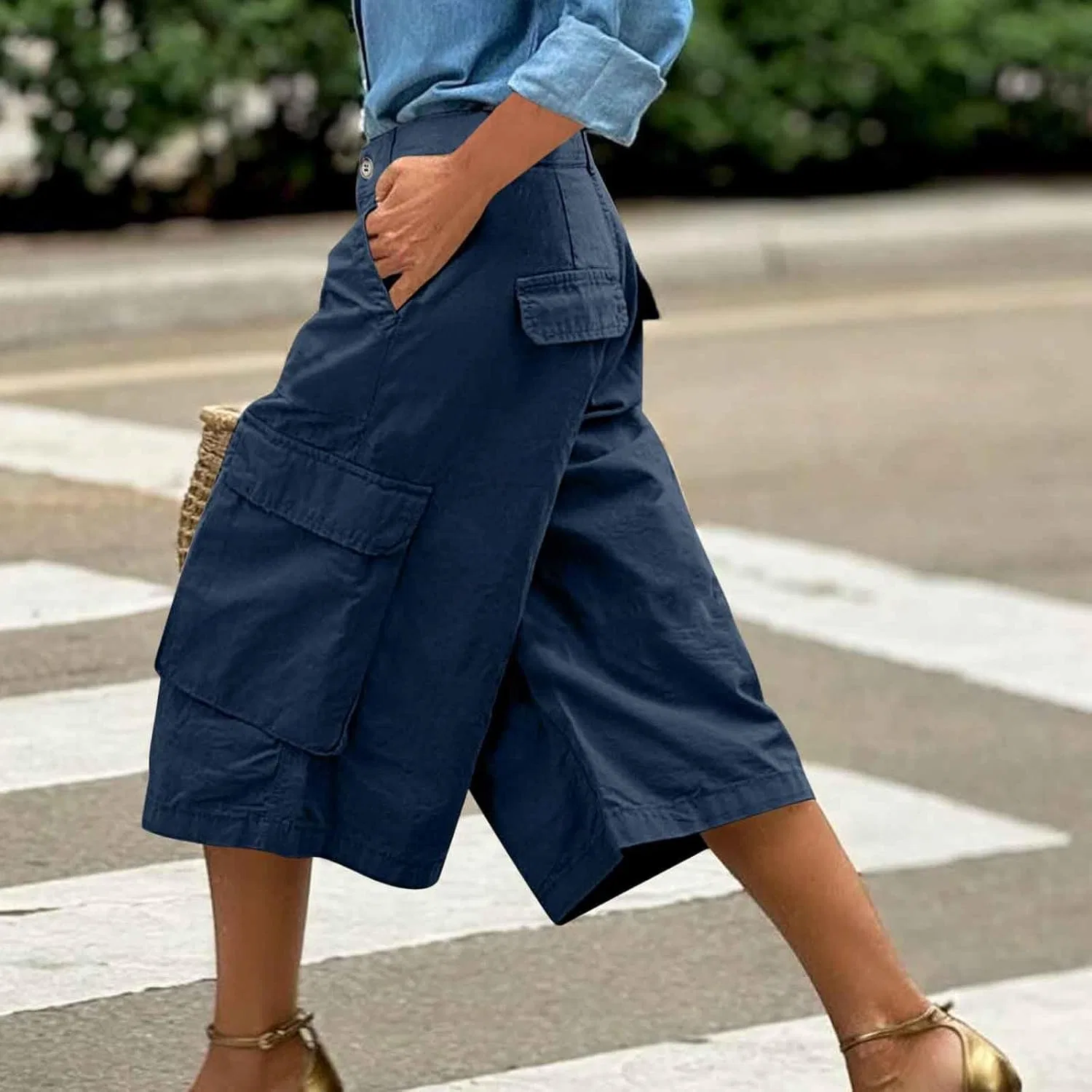 Капри для женщин Stretch Wide Leg H-Line Bermuda Cargo шорты High Waist легкие мешковатые повседневные брюки с карманами Generic, темно-синий — фото 2