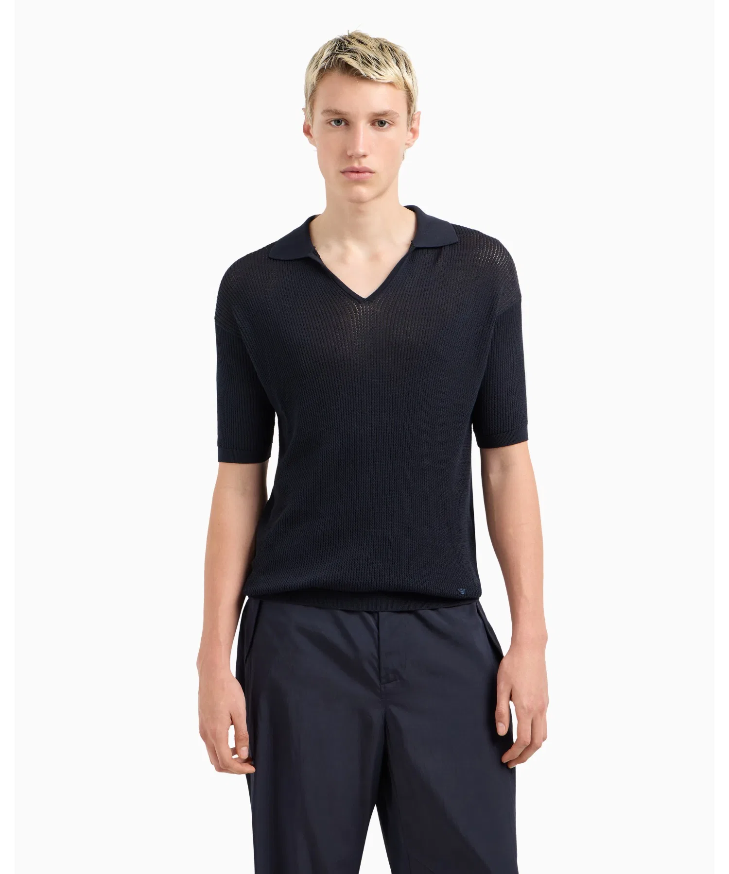 <Эксклюзивно онлайн> [Emporio Armani] Свитер с воротником-поло, микроперфорированная вязка — фото 3