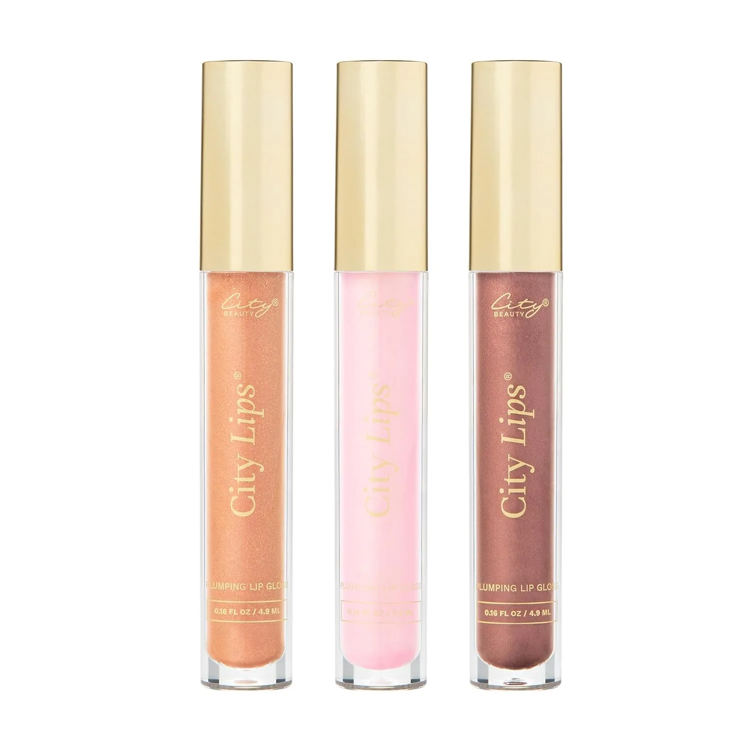City Beauty City Lips Our Favorites - тонирующий блеск для увеличения объема с гиалуроновой кислотой и пептидами, увлажняет и увеличивает объем, набор - Nude York 0.16 oz, Los Angelips 0.16 oz, Plum Springs 0.16 oz
