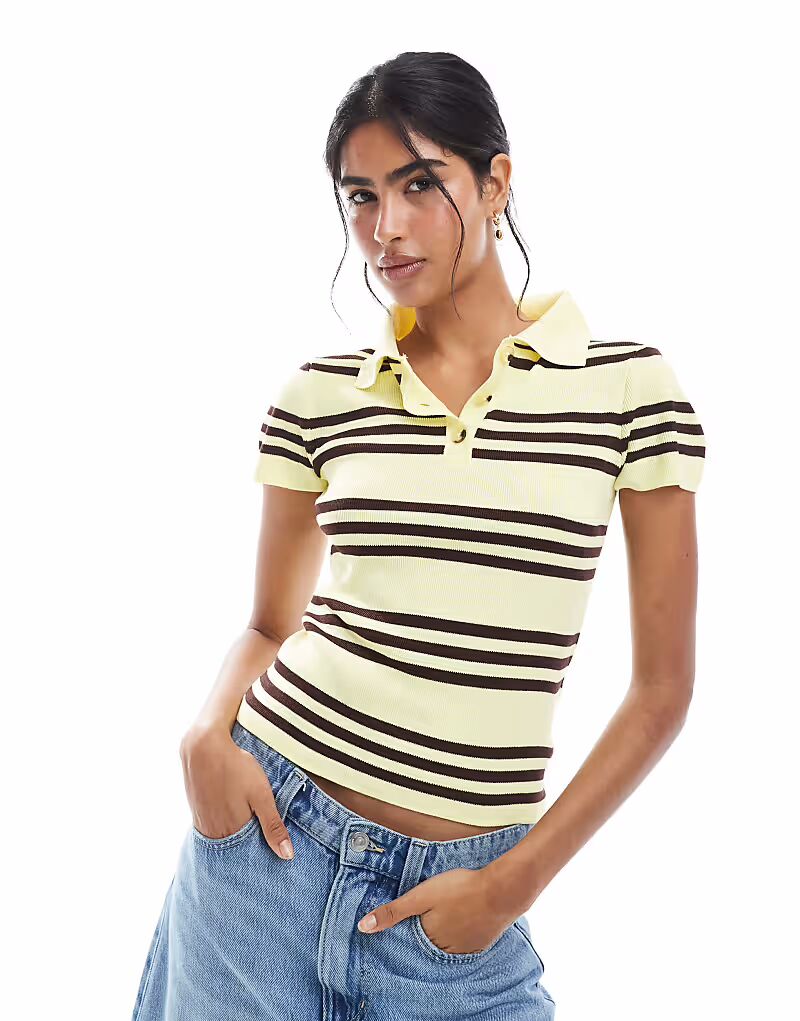 

Тонкий трикотажный регбийный топ с короткими рукавами в желтую полоску Asos Design