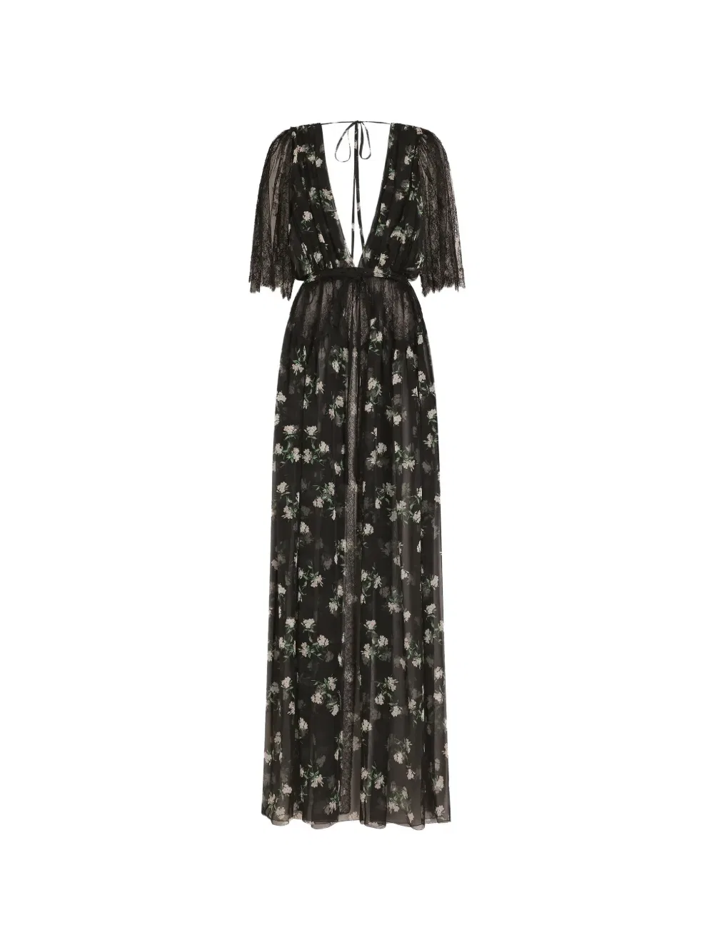 Длинное платье с кружевной отделкой и цветочным узором Dolce & Gabbana, черный