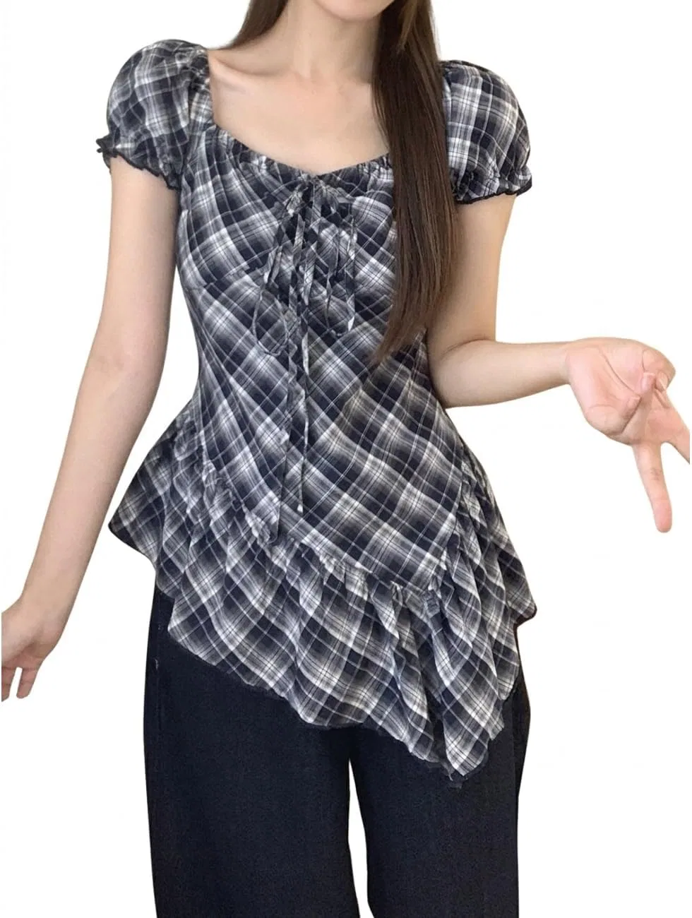 Блуза женская, клетчатая, с квадратным вырезом и рюшами, Casual, синяя