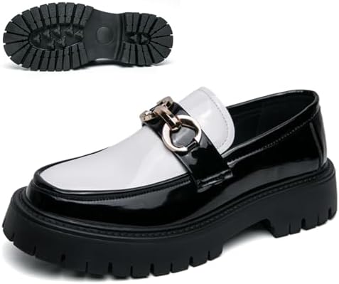 

Мужские лоферы на толстой подошве из лакированной кожи с металлическим декором, слипоны с ребристой подошвой, деловые туфли, повседневные нескользящие амортизирующие обувь Qooel, белый/черный