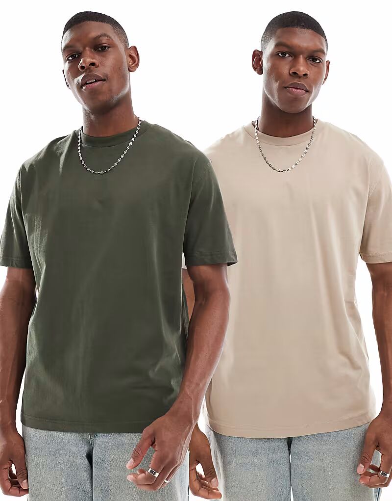 

ASOS DESIGN Essential, 2 пары свободных футболок зеленого и песочного цветов