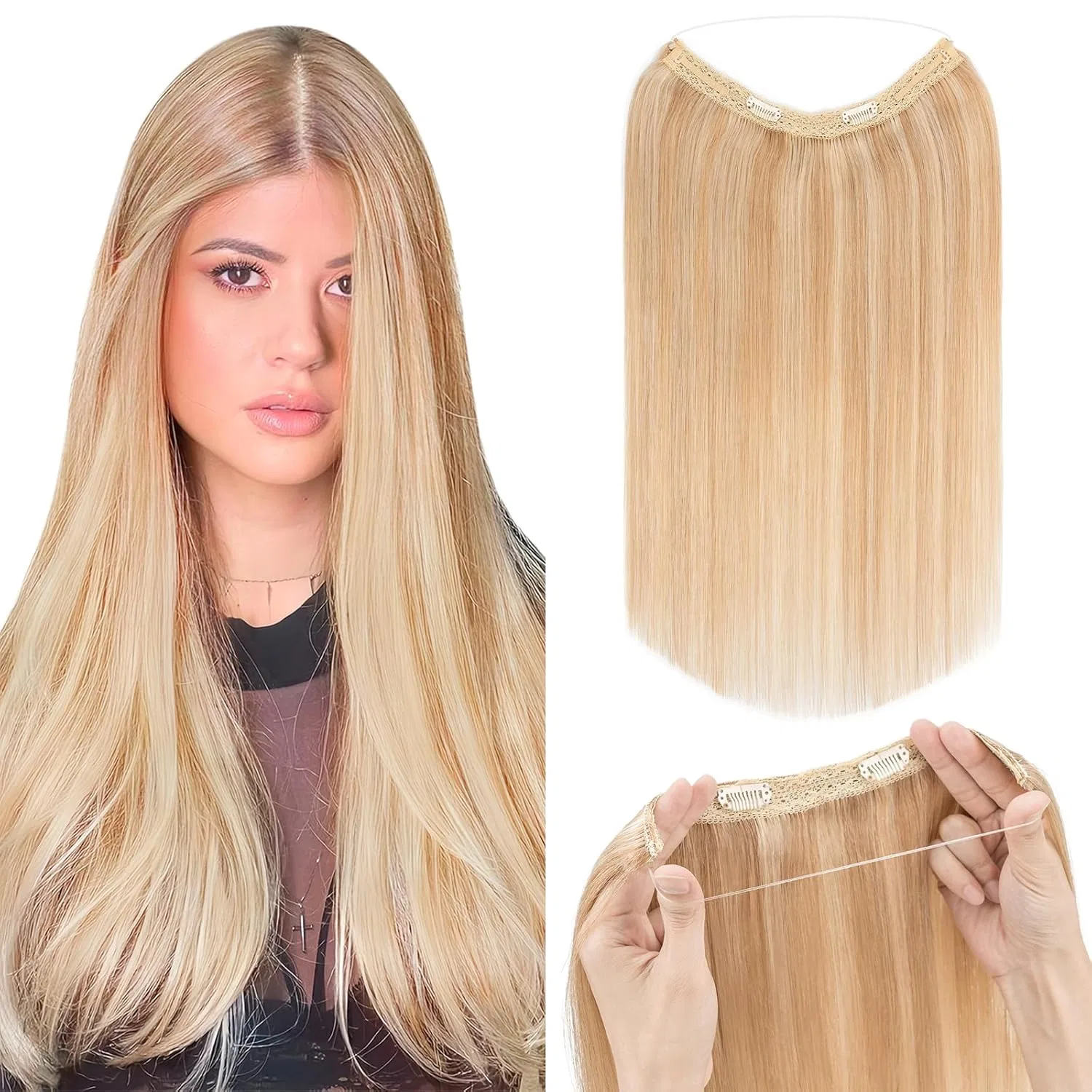 Накладные пряди из натуральных волос на невидимой леске Silk-Co, Grey Blonde Mix Bleach Blonde