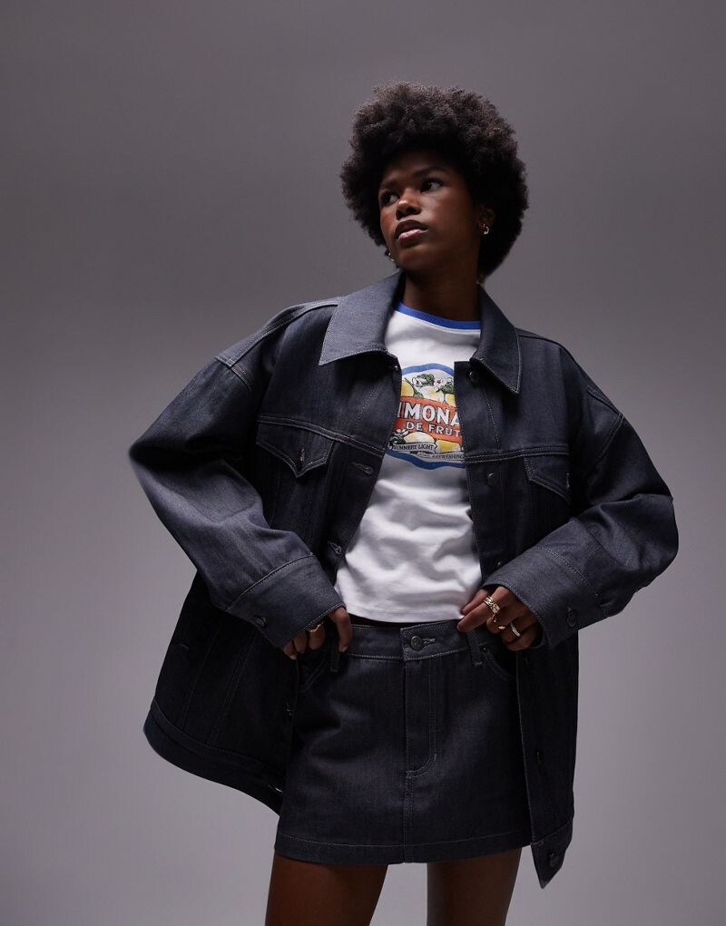 

Topshop – темно-серая джинсовая куртка удлиненного кроя с объемными рукавами