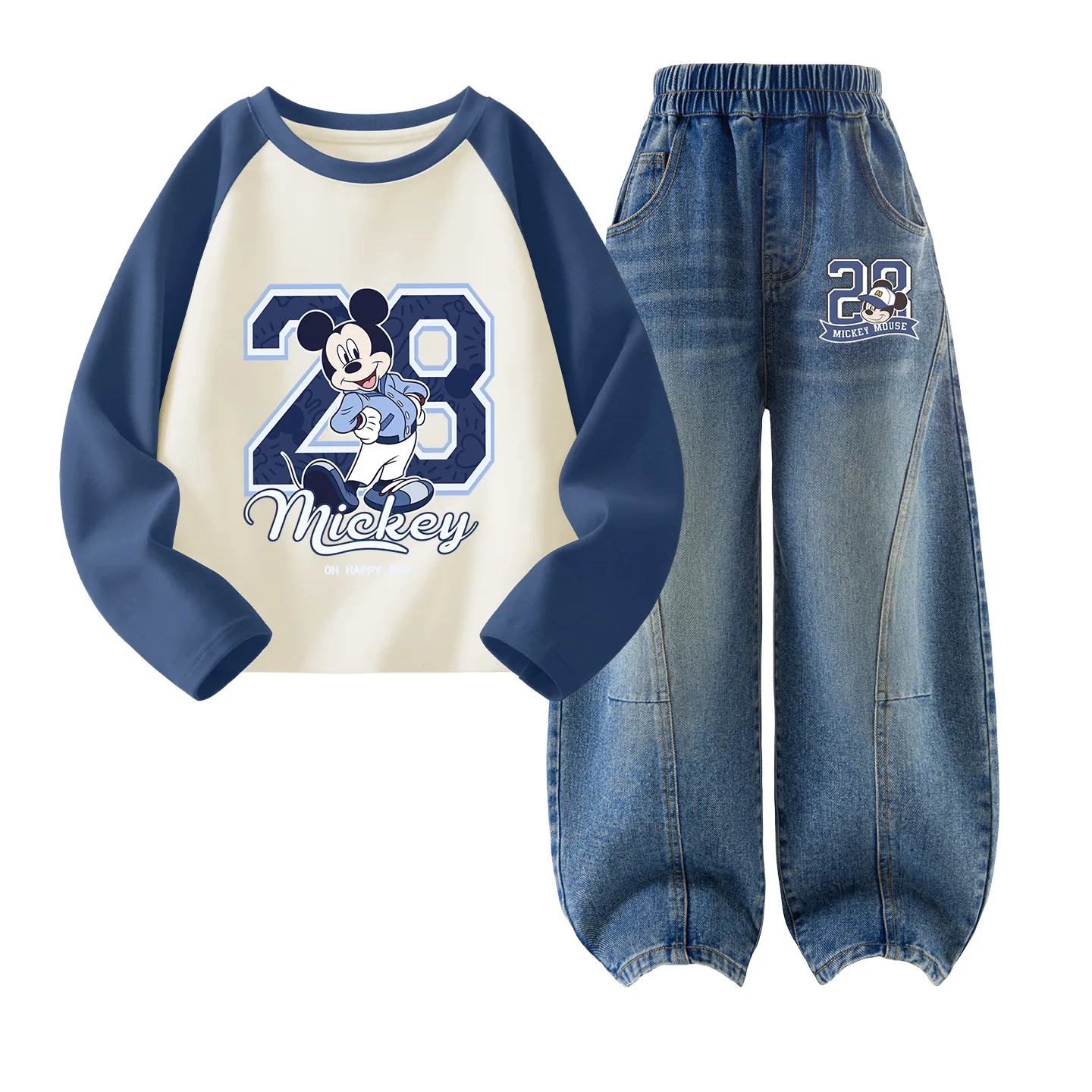 Детская повседневная спортивная футболка с круглым вырезом Disney, Dark 28 Qi Gray Blue+Dark 28 Mickey Mouse K Denim Blue