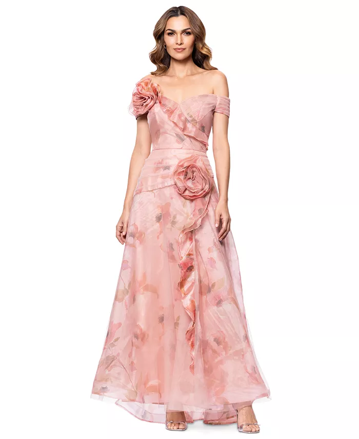 

Женское бальное платье с цветочным принтом из органзы и открытыми плечами Betsy & Adam, оранжевый