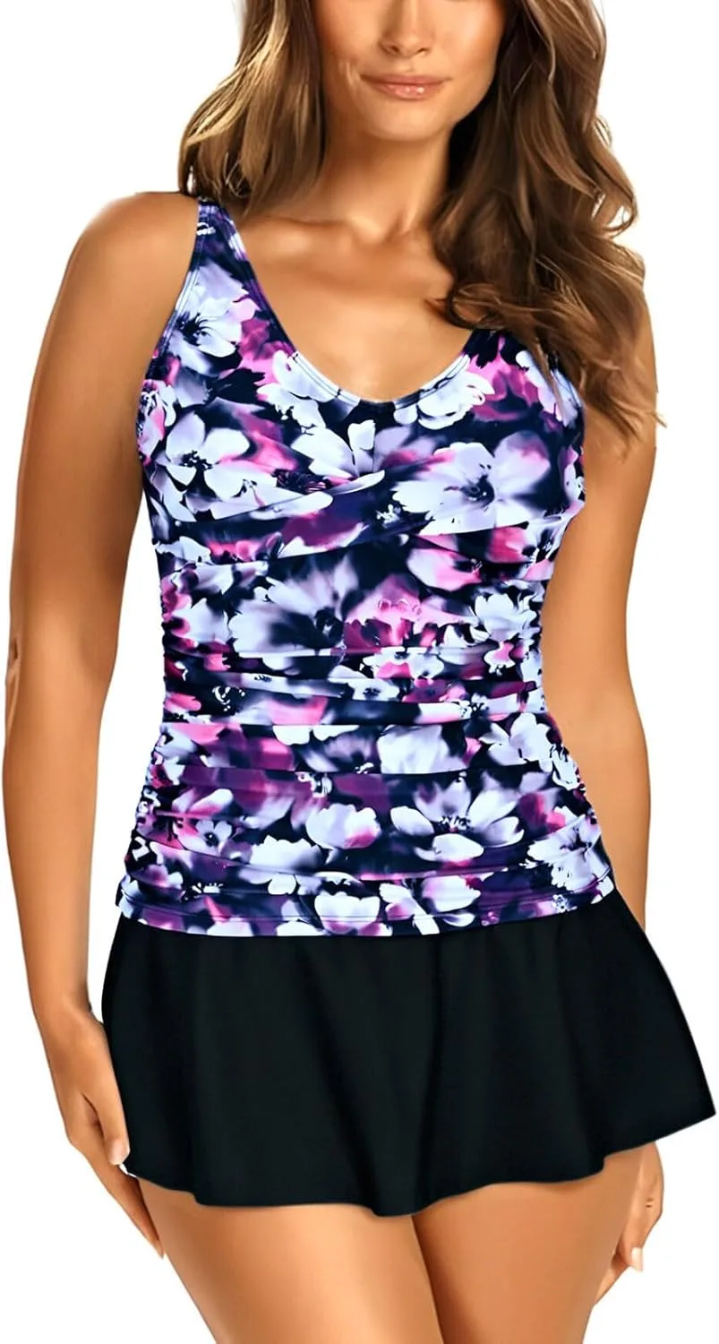 

Купальник для женщин Tummy Control двухсоставный Athletic с V-образным вырезом и юбкой Furundly