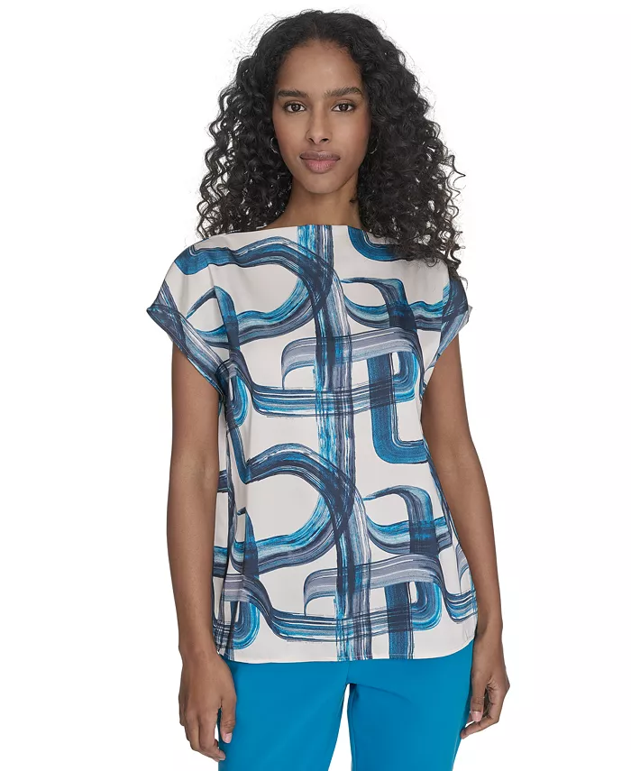 

Топ с капризными рукавами и принтом Petite Printed Cap Sleeve Top Calvin Klein, синий