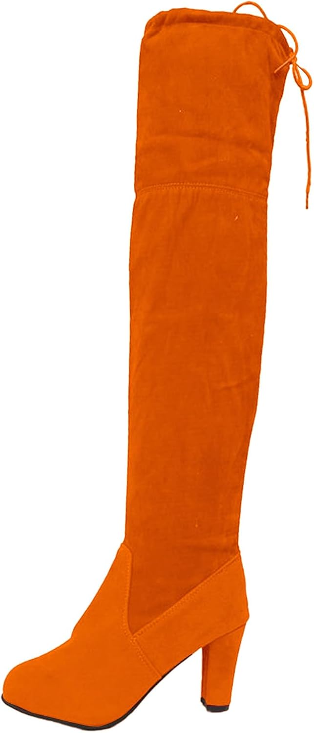

Женские ботфорты до колена из замши с устойчивым массивным каблуком, растягивающиеся, с кружевами, длинные, сексуальные, облегающие, с заостренным носком, высокие ботинки, модные ботинки осень-зима Baxtayel, оранжевый