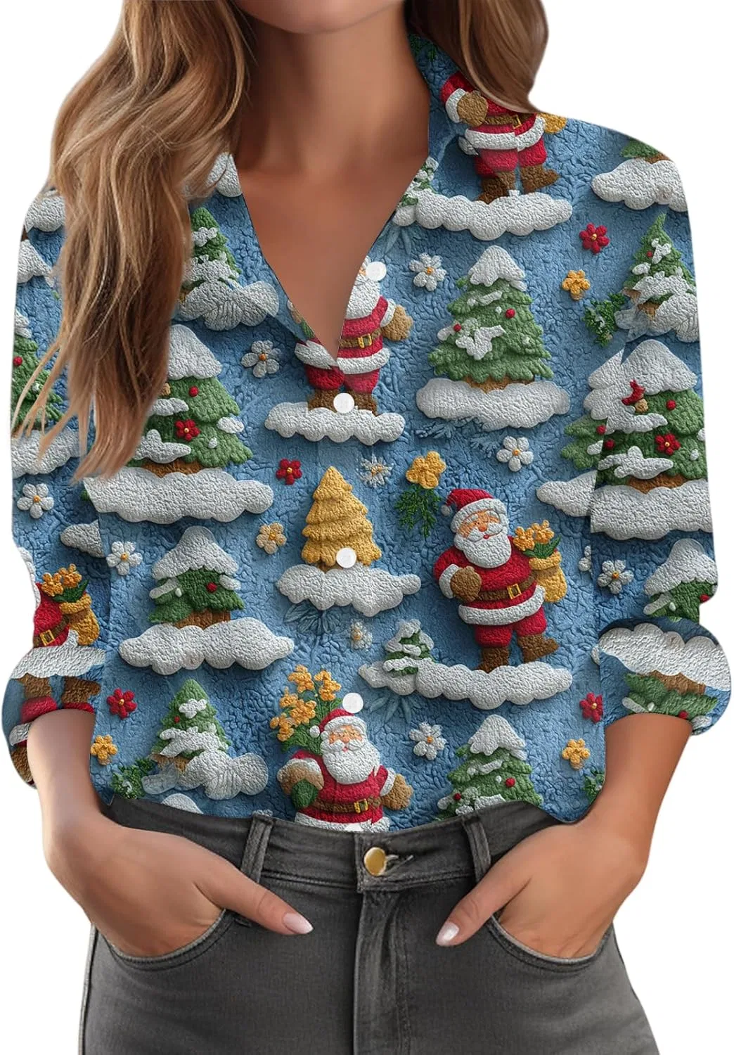 Женская блуза с рождественским принтом, Oversized, Long Sleeve, Button Down, 2-light Blue — фото 3