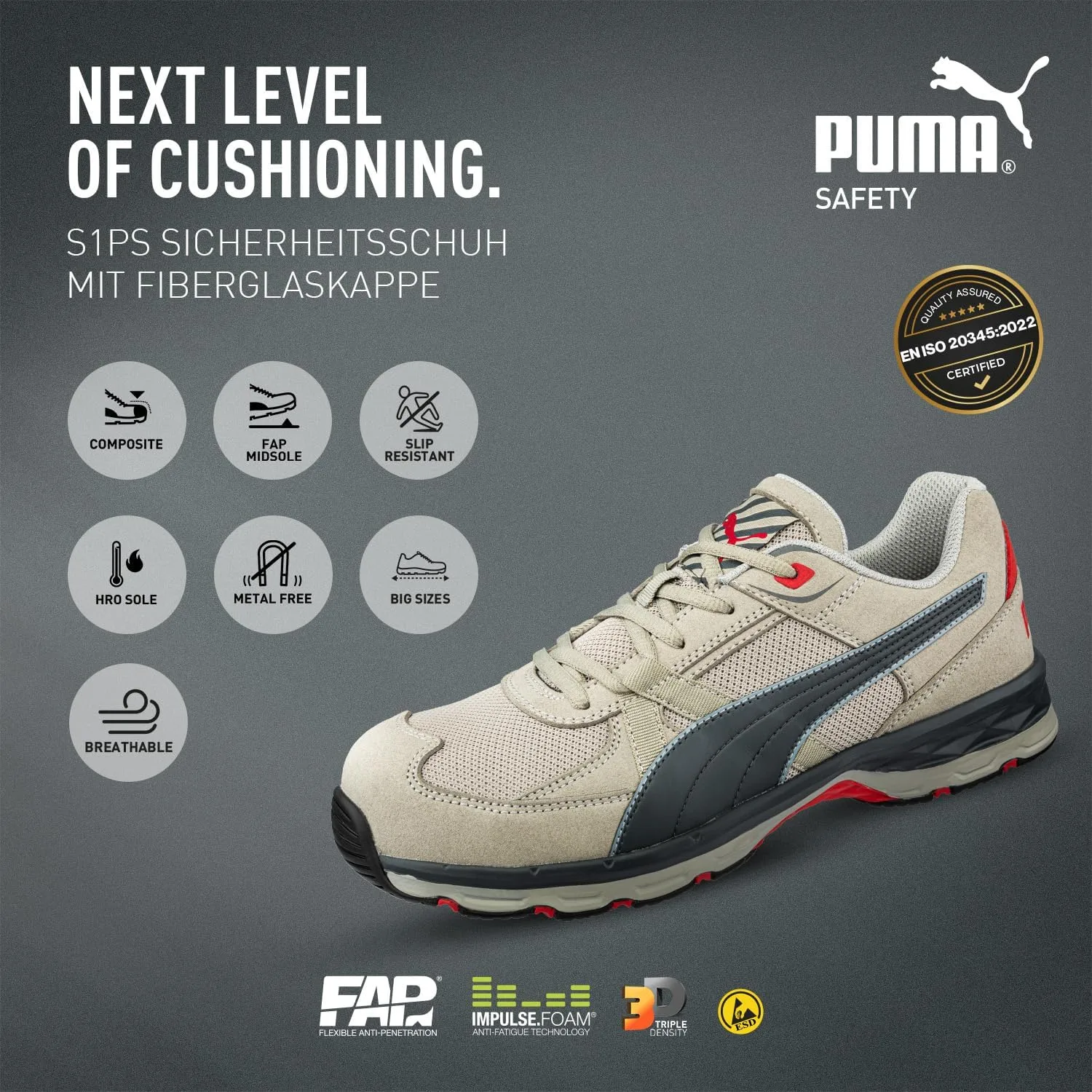 Мужские защитные кроссовки PUMA VANTI Low S1PS ESD с защитным носком и противоскользящей подошвой, серый — фото 4