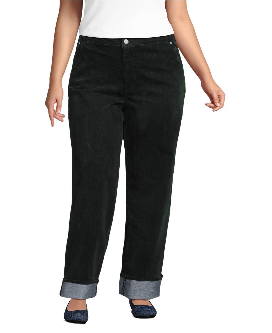 

Женские джинсы из бархатистой ткани, средней посадки, свободного кроя, прямого кроя, с подворотами Lands' End, Balsam green