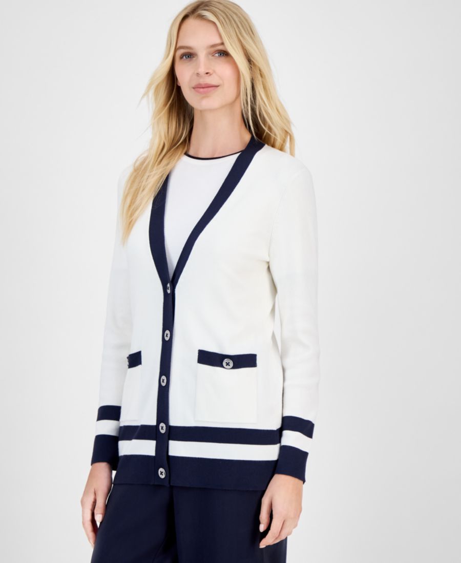 

Женский кардиган в полоску с V-образным вырезом Nautica Jeans, Ivory/ Night Sky