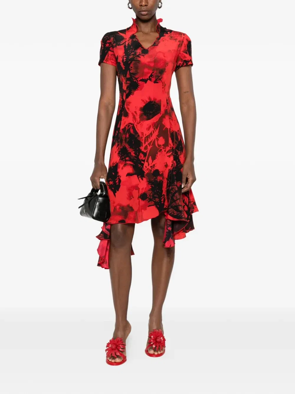 Платье с цветочным принтом и асимметричным подолом Alexander McQueen, красный — фото 2