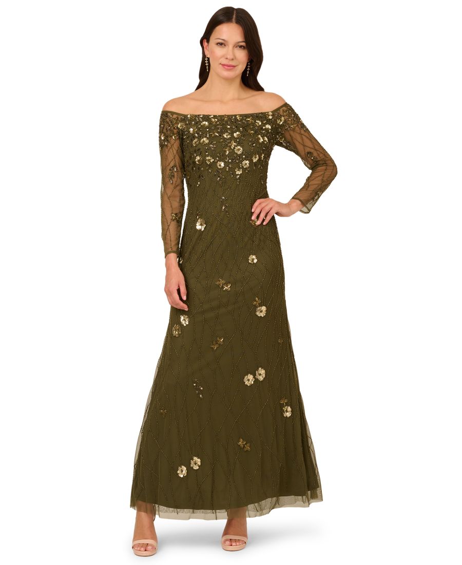 

Женское платье с открытыми плечами, украшенное бисером Adrianna Papell, Green