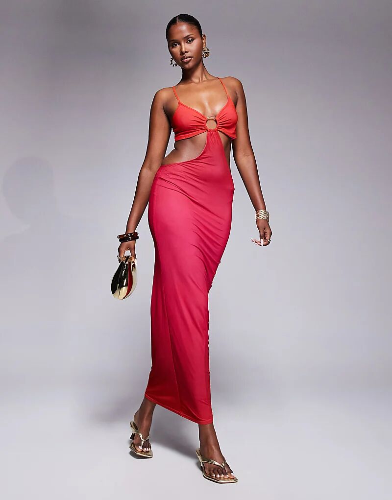 

Эксклюзивное двухслойное облегающее платье макси Kaiia с вырезами в розово-красном цвете с эффектом омбре