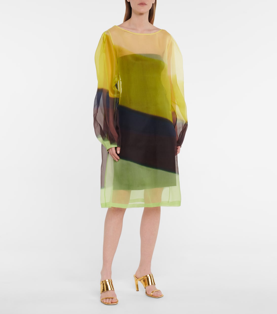 Платье миди из шелковой органзы в полоску Dries Van Noten, желтый — фото 2
