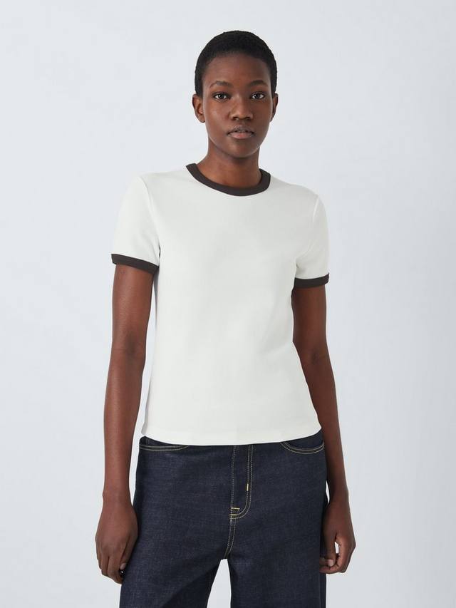 

Футболка с круглым вырезом в рубчик с контрастной отделкой John Lewis, цвет White/Brown